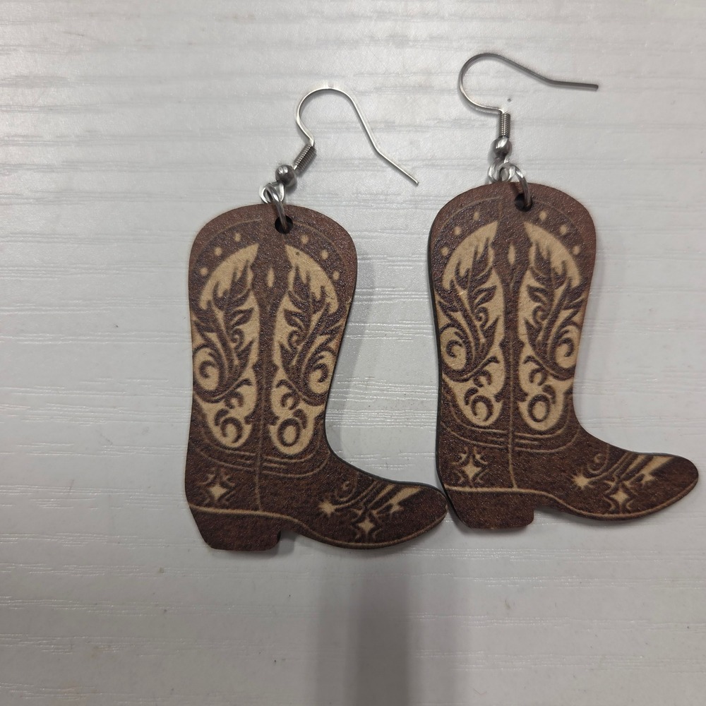 Western Cowboy Boot Wooden Laser Etched Drop Earrings Brown Boho Rodeo Jewelry